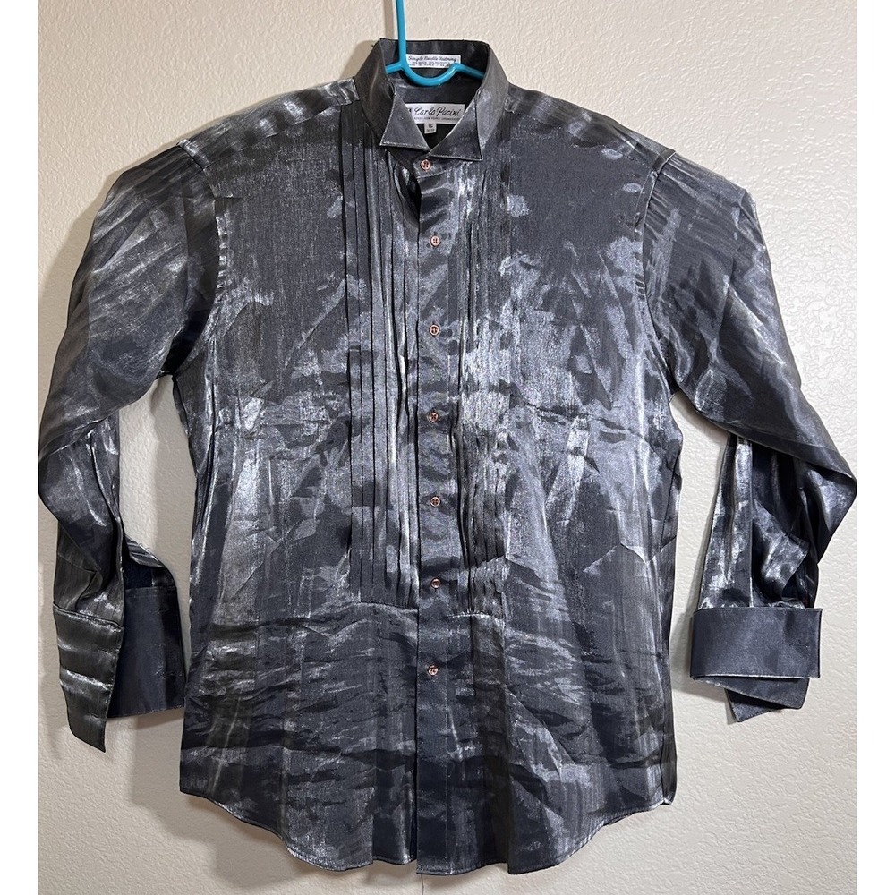 Vintage 90s Carlo Pacini Button Up Disco Shirt Gray Metallic 16  32/33 Mens L